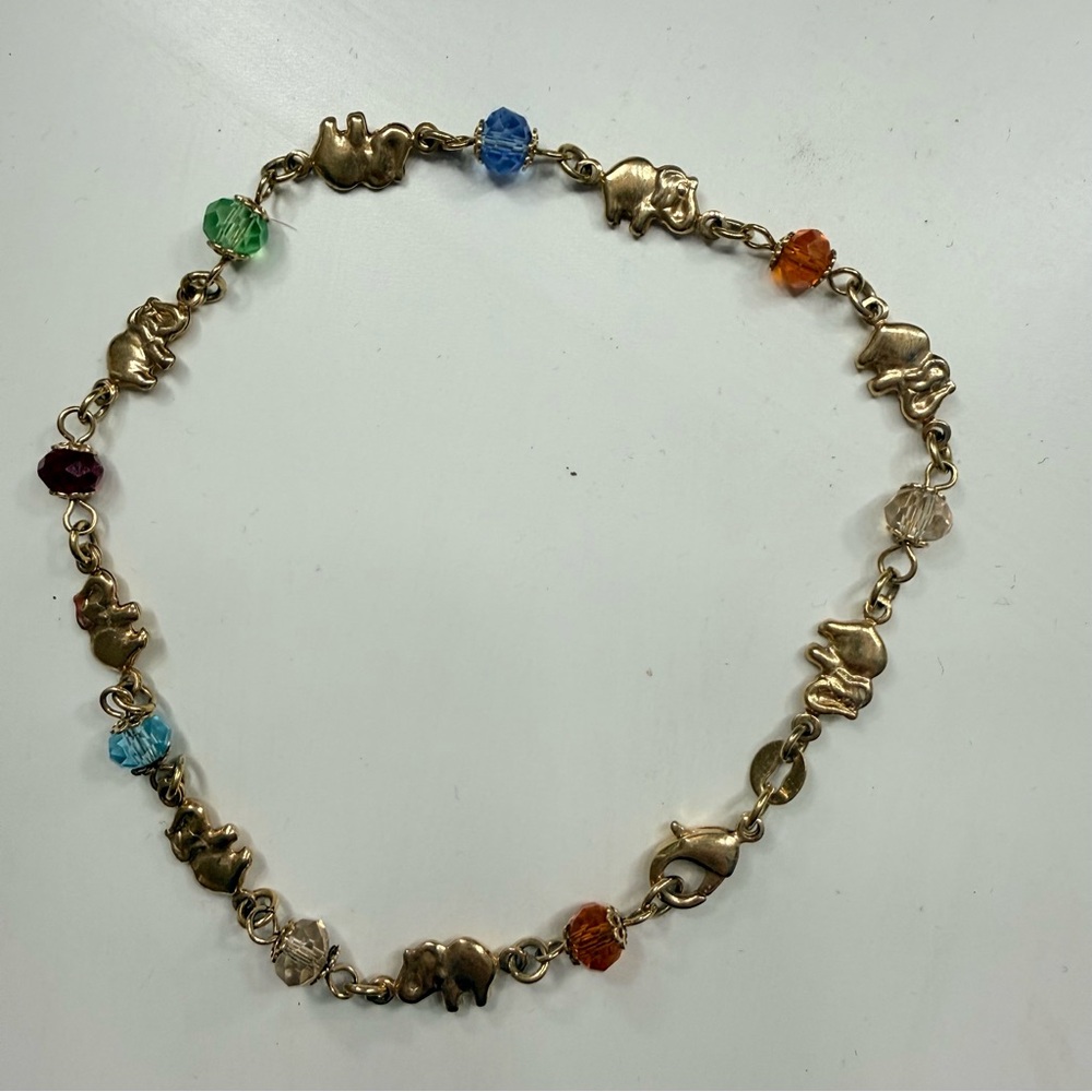 Gold Elephant Charm Anklet with Multicolor Crystal Beads